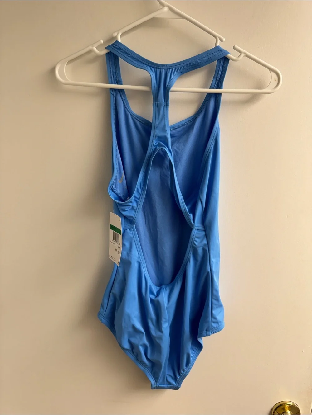 NWT Nike Blue Girls' One-Piece racer back Swimsuit with yellow Swoosh